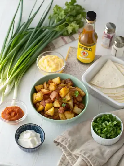 Ingredients for Taco Bell Fiesta Potatoes displayed on a kitchen table, including diced potatoes, canola oil, flour, cornstarch, taco seasoning, salt, pepper, nacho cheese sauce, sour cream, and green onions.