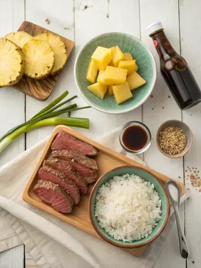Ingredients for Teriyaki Beef Pineapple Rice Bowl displayed on a wooden kitchen table, including beef, rice, pineapple, sauces, and garnishes.
