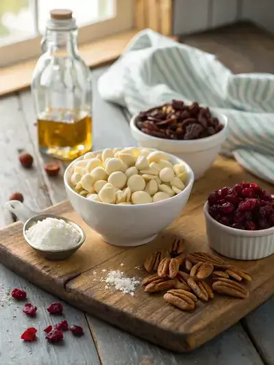 Ingredients for White Chocolate Cranberry Pecan Clusters displayed on a rustic kitchen table, featuring white chocolate chips, dried cranberries, chopped pecans, vanilla extract, and sea salt.