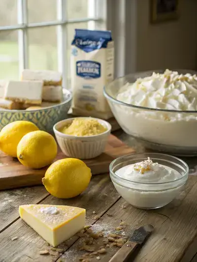 Fresh ingredients for a lemon trifle displayed on a wooden kitchen table, including lemons, cream cheese, powdered sugar, milk, pudding mix, angel food cake, and whipped topping.