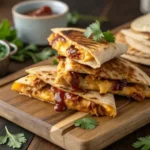 Stacked BBQ chicken quesadillas with cilantro on a rustic table.