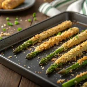 Close-up of crispy asparagus sticks with a golden breadcrumb coating and chives on a baking tray.