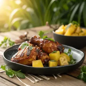 Glazed grilled chicken with pineapple on a sleek black plate, garnished with cilantro.