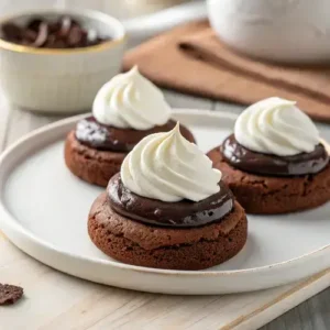 Close-up of chocolate cookies with marshmallow frosting and icing swirls on a light wood table.