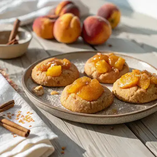 Freshly baked peach cobbler cookies with golden peaches and a blurred wooden background.