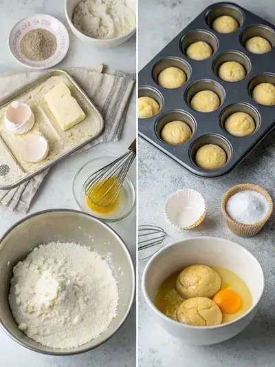 Step-by-step process of making Old Fashioned Southern Tea Cakes, including preheating the oven, creaming butter and sugar, adding eggs and vanilla, mixing dry ingredients, combining mixtures, filling muffin cups, and cooling the baked tea cakes.