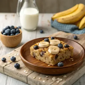 A rustic wooden plate with a baked oatmeal square topped with banana slices and blueberries, with a bowl of blueberries and bananas in the background.