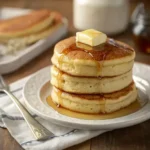 Close-up of golden-brown fluffy pancakes with syrup and butter on a plate.