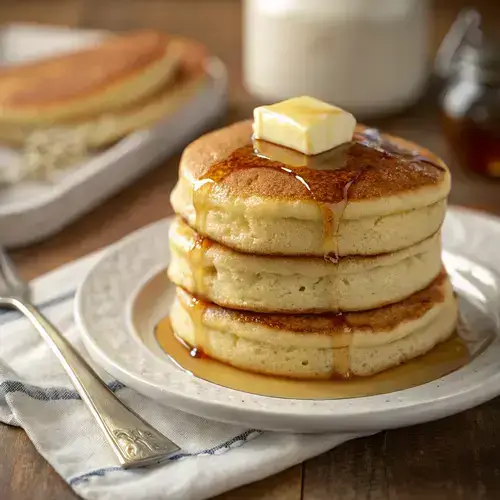 Close-up of golden-brown fluffy pancakes with syrup and butter on a plate.