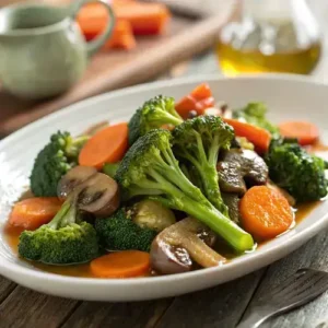 Plate of glistening garlic butter stir-fried broccoli, carrots, and mushrooms with a soft bokeh background.