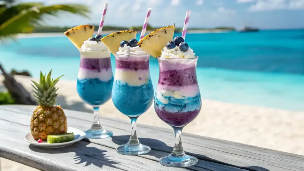 Three vibrant tropical mocktails with blue and purple layers, topped with whipped cream and blueberries, on a beach table with a turquoise sea in the background.