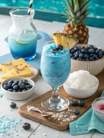 A colorful Ocean Love Colada mocktail with blue and purple layers, garnished with pineapple and blueberries, on a beach table.