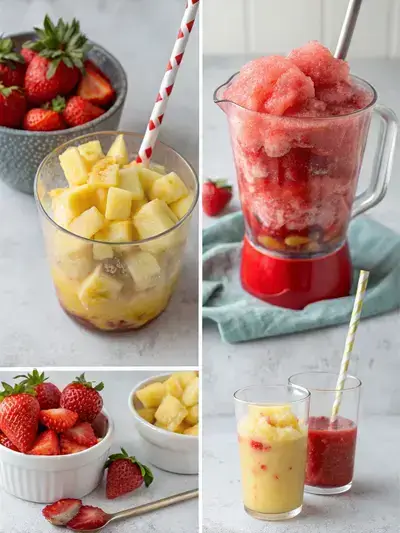 Four-step process of making Pineapple Strawberry Swirled Slushies, showcasing blending ingredients and layering slush in a cup.