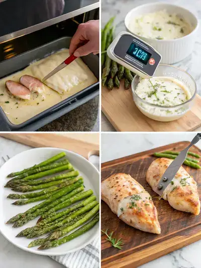 Step-by-step preparation of Asparagus Stuffed Chicken Breast, showcasing the cooking process in four sections.