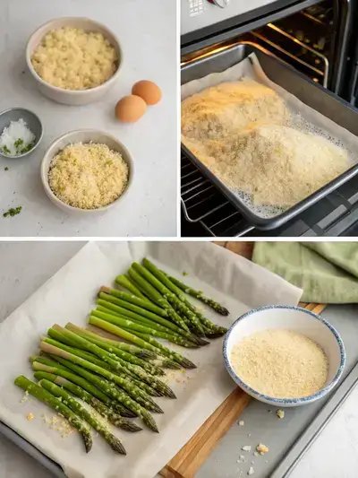 Step-by-step preparation of Crispy Parmesan Asparagus Sticks, showcasing the oven, ingredients, and dredging process.