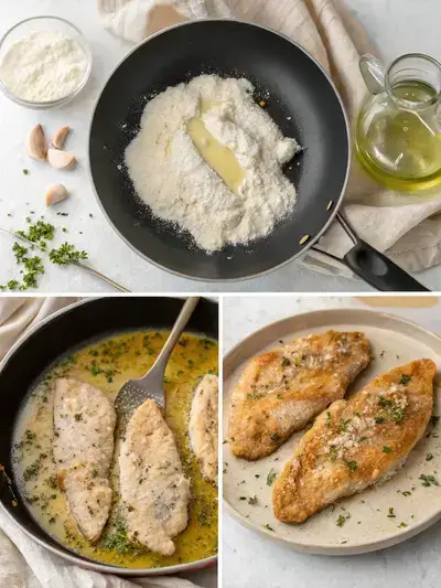 Step-by-step preparation of Easy Chicken Piccata, showcasing seasoned chicken cutlets, a skillet with olive oil and butter, golden-brown cutlets, and sautéed garlic.