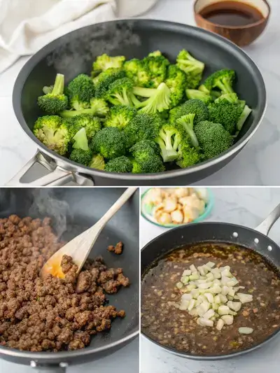 Step-by-step preparation of ground beef with broccoli, featuring blanched broccoli, browned ground beef, sautéed garlic and ginger, and a thick sauce in a skillet.