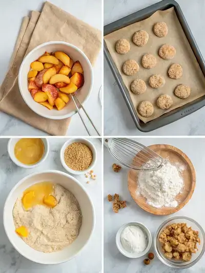 Step-by-step preparation of Peach Cobbler Cookies, showcasing the oven, peach filling, dry ingredients, and creamed butter mixture.