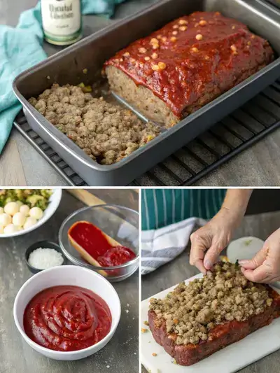 Step-by-step preparation of Stove Top Stuffing Meatloaf, including preheating the oven, mixing ingredients, shaping the loaf, and adding a glaze.