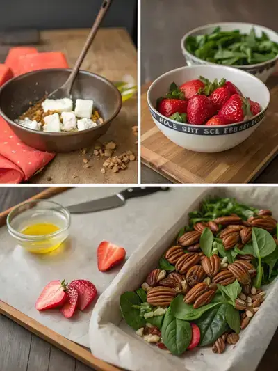 Step-by-step preparation of a Strawberry Spinach Salad, including melting butter, caramelizing pecans, and layering ingredients in a bowl.