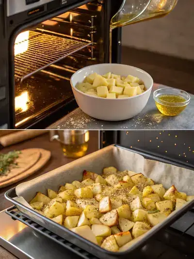 Three-part image showing the preparation steps for Taco Bell Fiesta Potatoes, including preheating the oven, tossing diced potatoes with oil, and spreading them on a baking sheet.