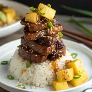 Macro shot of a teriyaki beef and pineapple rice bowl showcasing the layers of beef, pineapple, and rice with sauce drips.