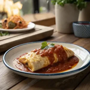 Single enchirito on a rustic wooden table, covered in enchilada sauce and cheese, with a bokeh kitchen background.