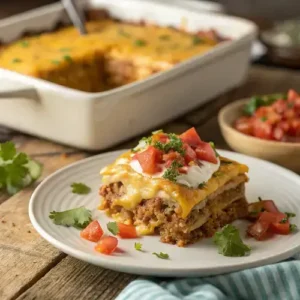 Layered Mexican lasagna slice with creamy sauce and vibrant toppings on a rustic table.