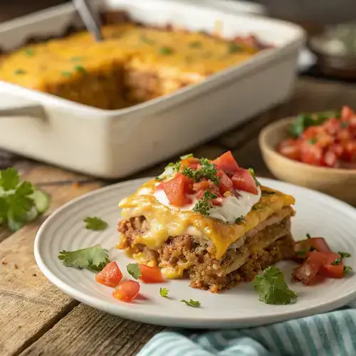 Layered Mexican lasagna slice with creamy sauce and vibrant toppings on a rustic table.