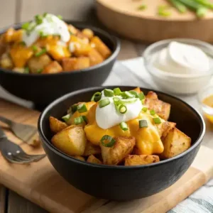 Two bowls of Taco Bell Fiesta Potatoes with cheese sauce and garnished with sour cream and green onions.