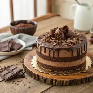 A slice of Hershey's Chocolate Cake on a plate, revealing its moist layers and creamy frosting.