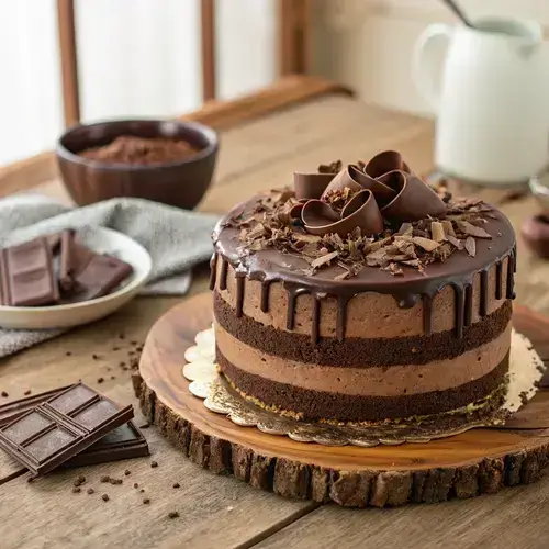 A slice of Hershey's Chocolate Cake on a plate, revealing its moist layers and creamy frosting.
