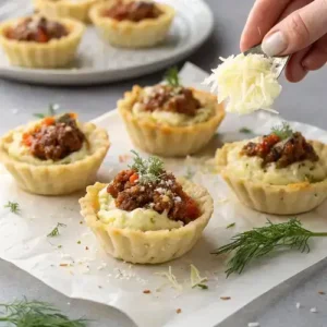 Hand sprinkling cheese on a mashed potato nest filled with beef and peppers, with more nests in the background.