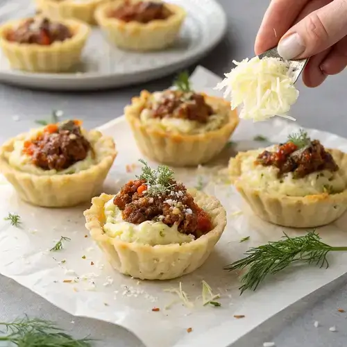 Hand sprinkling cheese on a mashed potato nest filled with beef and peppers, with more nests in the background.