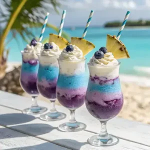 Close-up of colorful mocktails with pineapple wedges and blueberries, set on a sunlit beach table with a clear sky.