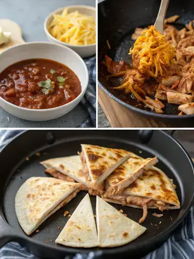 Step-by-step preparation of BBQ Chicken Quesadillas, showcasing shredded chicken with BBQ sauce, a skillet with melting butter, a tortilla with cheese, and a golden-brown quesadilla being flipped.