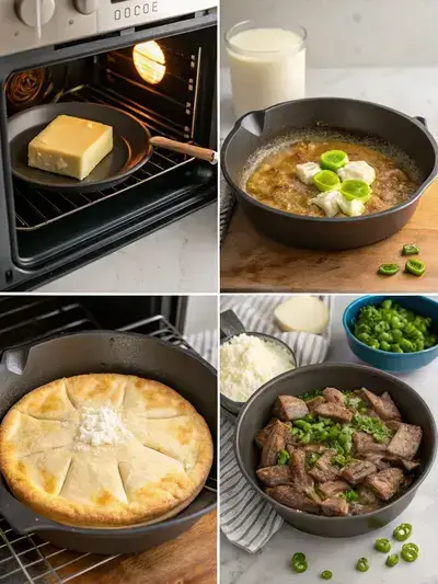A step-by-step visual guide for preparing Brisket Pot Pie, featuring an oven, sautéing vegetables, making a roux, and combining brisket filling.