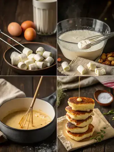 Step-by-step process of making Deep Fried Marshmallows, showcasing the ingredients, frying, and final presentation.