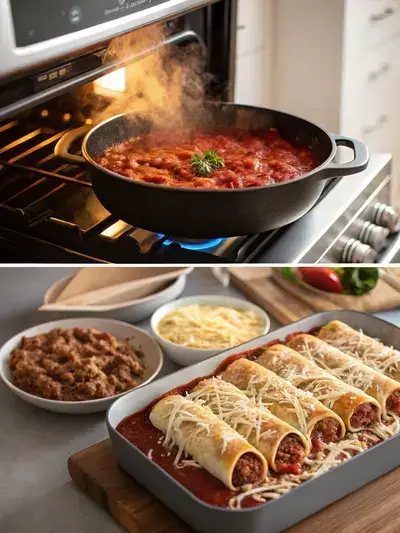 Three-part image showing the process of making Enchirito: preheating the oven, cooking ground beef, and preparing rolled tortillas with enchilada sauce and cheese.