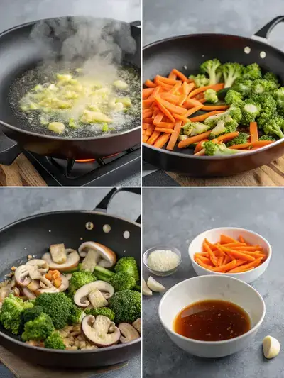 A step-by-step visual representation of preparing Garlic Butter Stir-Fried Vegetables, featuring a skillet with butter, sautéing garlic, stir-frying vegetables, and a bowl of sauce.