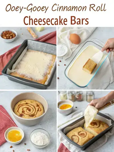 Step-by-step process of making Ooey-Gooey Cinnamon Roll Cheesecake Bars, showcasing the preparation of the crust, cheesecake layer, and cinnamon roll topping in a cozy kitchen setting.