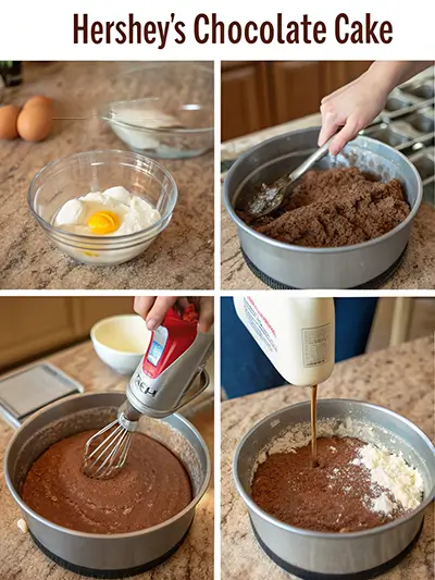 Mixing ingredients for Hershey’s Chocolate Cake including eggs, sugar, milk, and flour in a bowl and pan.