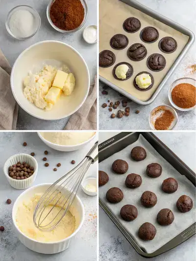 Four-step process of making Hostess Cupcake Cookies, including preheating the oven, creaming butter and sugars, mixing dry ingredients, and scooping cookie dough.
