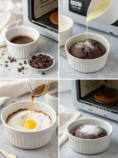 Four-step process of making lava cake, showing heating milk, sifting dry ingredients, mixing batter, and filling cake cups.
