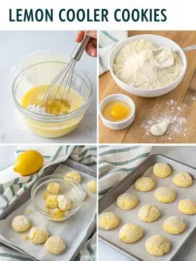 Step-by-step process of making Lemon Cooler Cookies, featuring creaming ingredients, adding egg yolk, combining dry ingredients, and chilling dough.