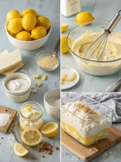 A step-by-step visual guide to making lemon trifle, showcasing zesting lemons, mixing cream cheese, whisking pudding, and layering the trifle in a glass dish.