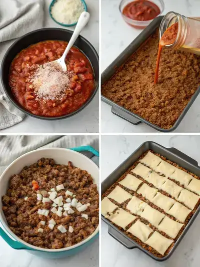 Step-by-step preparation of Mexican Lasagna, showcasing browned beef, seasoning, layering, and final presentation.