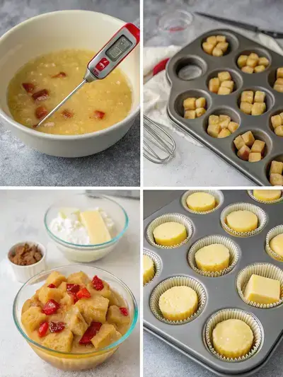Step-by-step process of making Pineapple Upside Down Cupcakes, showcasing the preparation and baking stages.