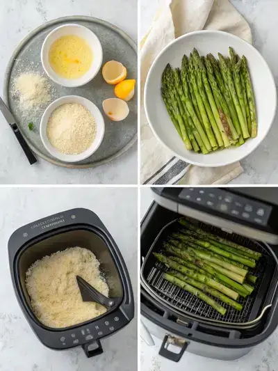 Four-step preparation process for Asparagus Fries, including preheating the air fryer, washing asparagus, setting up a breading station, and arranging breaded asparagus in the air fryer basket.