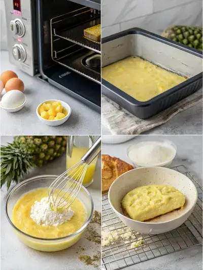 Step-by-step visual guide for making Juicy Pineapple Heaven Cake, showcasing the preparation process in four sections.